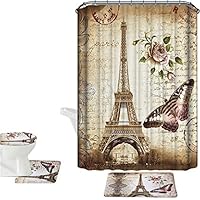 Amagical Brown Paris Eiffel Tower 16 Piece Bathroom Mat Set Shower Curtain Set Non Slip Bath Mat + Contour Mat + Toilet Cover + Shower Curtain + 12 Hooks (Brown Paris Tower)