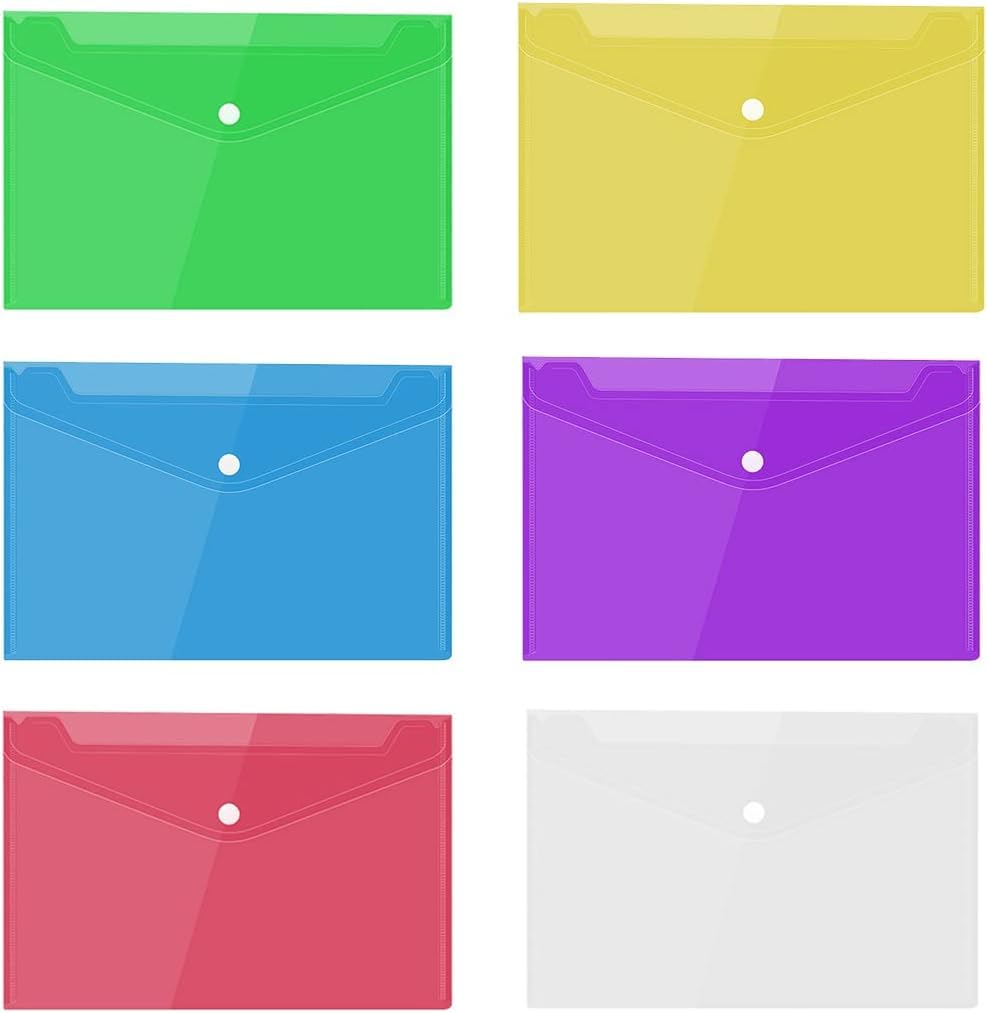 Document Pouches, Pack of 6, A5 Document Pouches, Press Button Pockets, Document Plastic Wallets, Document Folder, PVC, Assorted Transparent Colours, for Storing Documents, Notes and Receipts
