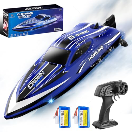 35km/h Waterproof 2.4GHz RC Boat with LED and Flip Function, Water Cooled, Dual Battery, Range and Battery Alarm, Ideal for Kids and Adults, Swimming Pool and Lake