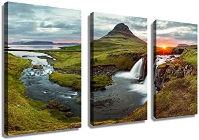 iPainting Green Natural Landscape Split Canvas Framed Wall Art - Waterfall River and Mountain Peak at Sunset, Iceland - 3 Pcs/Set Triptych