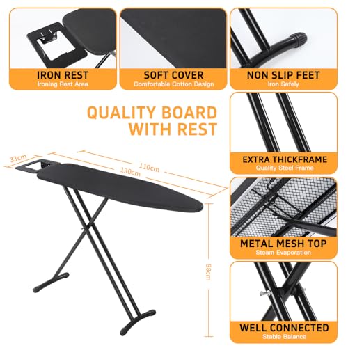 Keqin Large Ironing Board Full Size 131 * 33cm with Heat Resistant Cover,Adjustable Height (69-88cm),Non-Slip Legs and Safety lock Buckle Design Ironing Board and Iron Rest (Black)