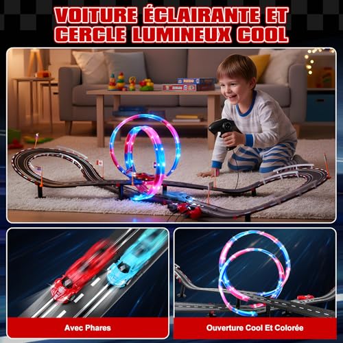 colmanda Circuit Voiture Electrique, Lumineuse Circuit Voiture Enfant 1:64 Piste De Course - 4 LED Voitures, 360° Cercle, Prise, Compteur de Tours, Piste Voiture Enfant 6-12 Ans Jouets Cadeau (L)