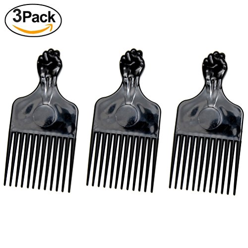 Luxxii (3 Pack) 6" Black Fist Afro Pik Lift Hair Comb Detangle Wig Braid Hair Man Styling Comb (Black)