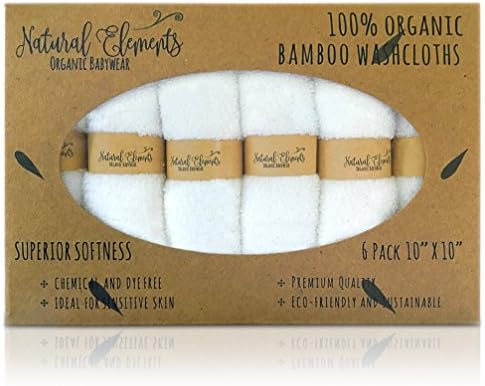 Natural Elements Organic Babywear Premium Bamboo Baby Washcloths (6 Pack 10" x 10")—Ultra Soft and Absorbent Reusable Wipes for Sensitive Skin—Best Gift, Baby Shower/Registry