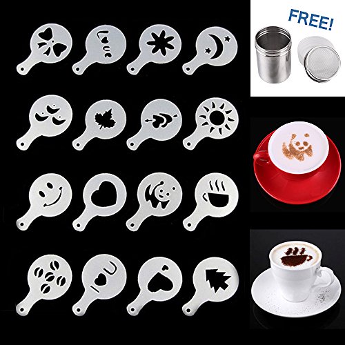 LOHOME Coffee Latte Garland Mould - 16 PCS Cappuccino Plastic Template + FREE Stainless Steel Powder Shaker - Fancy Coffee Stencils Model (Plastic)