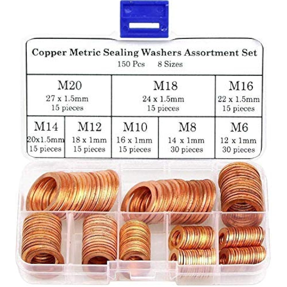 150Pcs 8 Sizes Copper Metric Sealing Washers Assortment Set Automotive