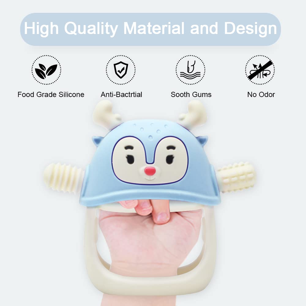 Smily Mia Reindeer Organic Baby Toys 0-6Months, Mitten for 3-6Months, Easy to Hold Stem with Chewing Nubs for Teething Pain Relief for 6-12Months Babies, Light Blue