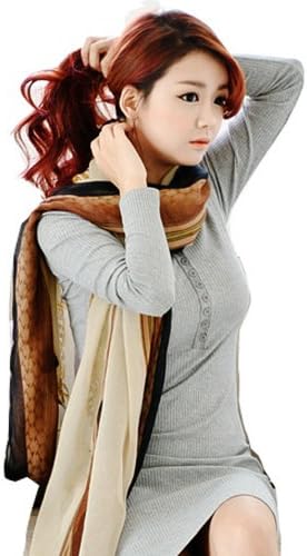 LOCOMO Women Brown Beige Chain Pattern Large Long Voile Scarf Shawl Wrap FAF054