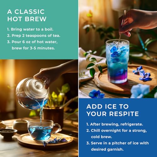 GYA TEA CO BUTTERFLY PEA HERBAL LOOSE LEAF TEA – DECAF FLOWER TEA WITH GOOD TASTE & BLUE COLOR FOR SKIN, HAIR & DIGESTION HEALTH, SOOTHING & RELAXING – 5.29 OZ – 70 CUPS