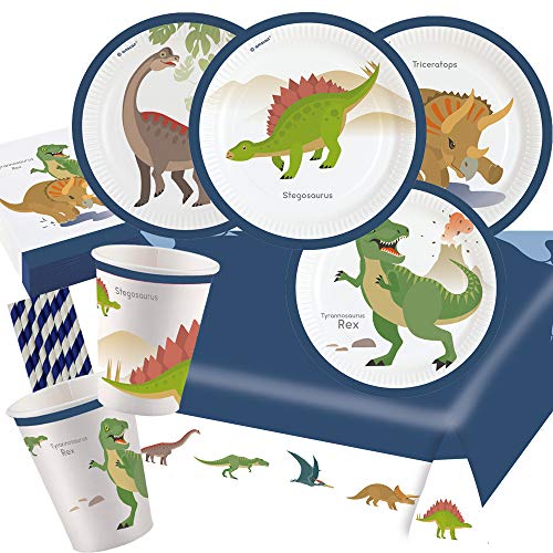 45-teiliges Party-Set Dinosaurier - Happy Dinosaur - Teller Becher ServiettenTischdecke Trinkhalme für 8 Kinder