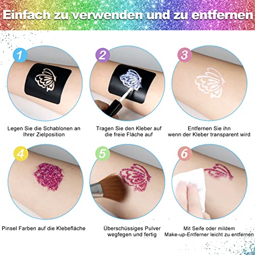 Glitter Tattoo Set Children, Temporary Glitter Tattoos Children's Set - Glitter Craft Set Girls 4 6 8 10 12 Years with 36 Colours, 182 Stencils, 215 Rhinestones, Craft Gifts for Birthday, Parties