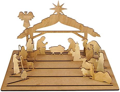 Raw Wood Nativity Set [18 Pieces] with Base by Wooden Shoe Designs