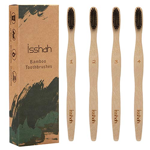 Isshah ECO- friendly Biodegradable Natural Bamboo Handle BPA Free Bristles Infused Individually Numbered Bamboo Toothbrush, Pack of 4 (Medium)