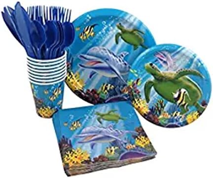 Ocean Animals Birthday Party Supply Pack Kit ! Dolphin Bundle Includes Paper Plates, Napkins, Cups &amp; Silverware for 8 Guests