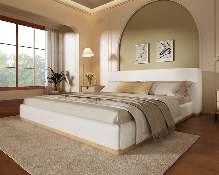 Photo 1 of ***TRUCK/TRAILER PICKUP ONLY*** Merax King Size Upholstered Platform Bed with Tall Headboard, Elegant White Bed Frame for Bedroom, Solid Wooden Slats Support, No Box Spring Needed, Easy Assembly