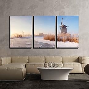 3 Piece Canvas Wall Art - Traditional Dutch Windmills on a Beautiful Frosty and Foggy Morning. - Modern Home Art Stretched and Framed Ready to Hang - 16"x24"x3 Panels