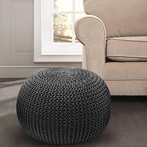 Hand Knitted Cable Style Dori Pouf – Handmade Floor Ottoman With 100% Cotton Braid Cord – Super-Soft Hand Stitched Bean Bag Chair – Handcrafted Cable-Knit Foot Rest In Many Different Colors (Black)