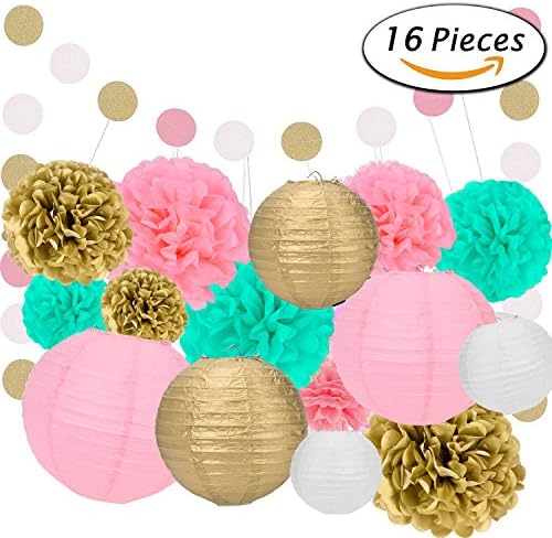 16 Pcs Tissue Paper Pom Poms- Flowers Paper Lanterns and Polka Dot Paper Garland for Birthday/Wedding Party Decorations by Xage
