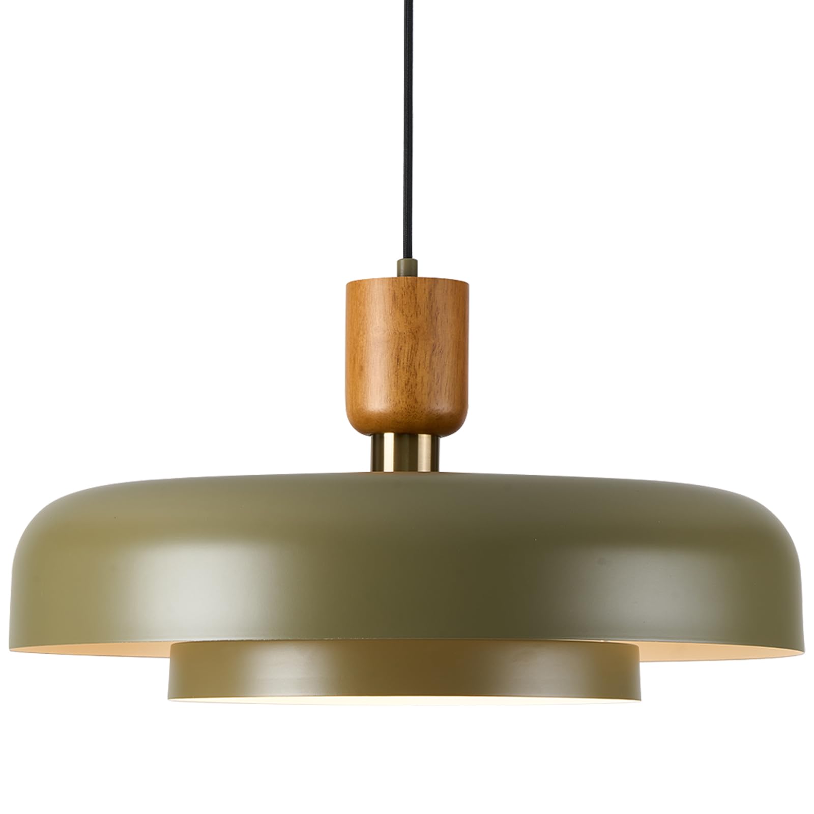 Photo 1 of Mid Century Chandelier 19.68 inch, Natural Wood and Brass Accent,2 Layered Deep Green Shade,Large Pendant Ceiling Lights for Kitchen Island, Dining Room, Living Room