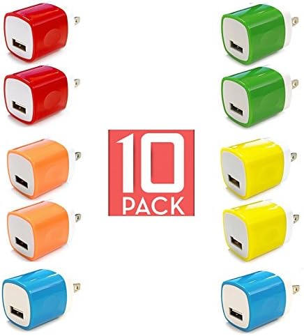 Wall Charger, 10 Pack Universal Portable USB Power Adapter Plug Outlet for iPhone 7 / 6S / Plus, iPad, Samsung Galaxy, Motorola, HTC, Other Smartphones (Family Pack) (Random Colors)