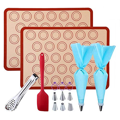 GARCENT Macaron Silicone Mat, Non-stick Silicon Pastry Baking Mold Set of 2, Cookie Half Sheet Kit with Oil Brush, Silicone Spatula, Food Tongs, Cake Decorating Supplies