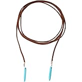 Boho Feather Turquoise Leather Choker Necklace for Women Bohemian Handmade Leaf Layered Black Brown Suede Cowgirl Cowboy Necklace for Western Style Country Party Trendy Jewelry Gifts (Long brown necklace)