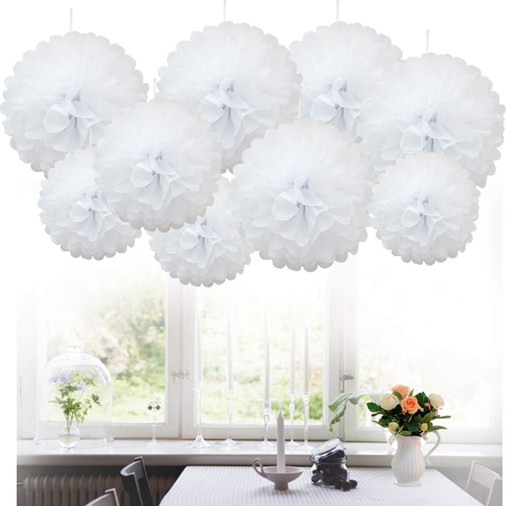 Time to Sparkle 9 Pack Mixed Tissue Paper Pompoms Pom Poms Flower Wedding Party Decoration (9X Poms-White)