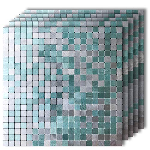 HomeyMosaic Peel and Stick Tile Backsplash for Kitchen Wall Decor Aluminum Surface Metal Mosaic Tiles Sticker,Silver&Green Plaid 12"x12" x 5 Tiles