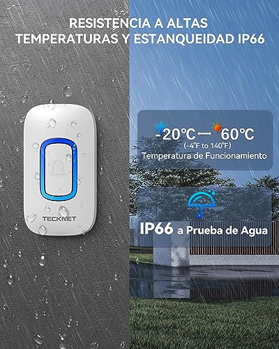TECKNET Wireless Doorbell with Batteries, RGB Wireless Doorbell Outdoor Waterproof IP66 with 2 Receivers, 400 M Range, 5 Volume Levels and 60 Melodies for Home, Hotel, Office, Emergency etc
