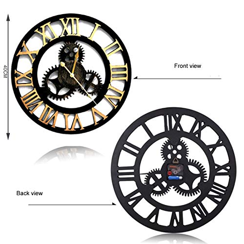 Evursua Vintage Decorative Wall Clock Large 16inch with Industrial Gears Non Ticking Home Decor Clocks,Battery Operated,Metal Effect (Gold)