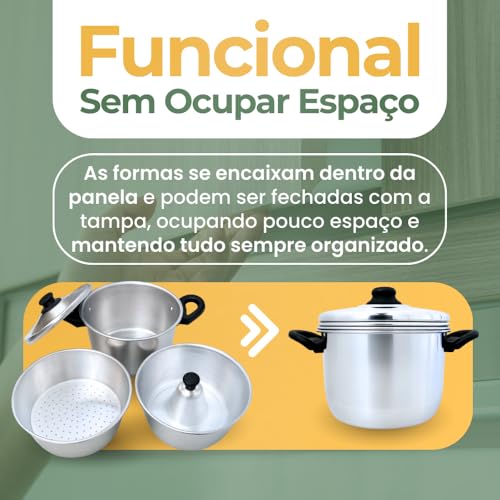 Panela 3 em 1 Multifuncional, Alumínio Polido, Conjunto com Panela Principal, Forma para Banho-Maria e Cesto Vapor, 2,5 Litros