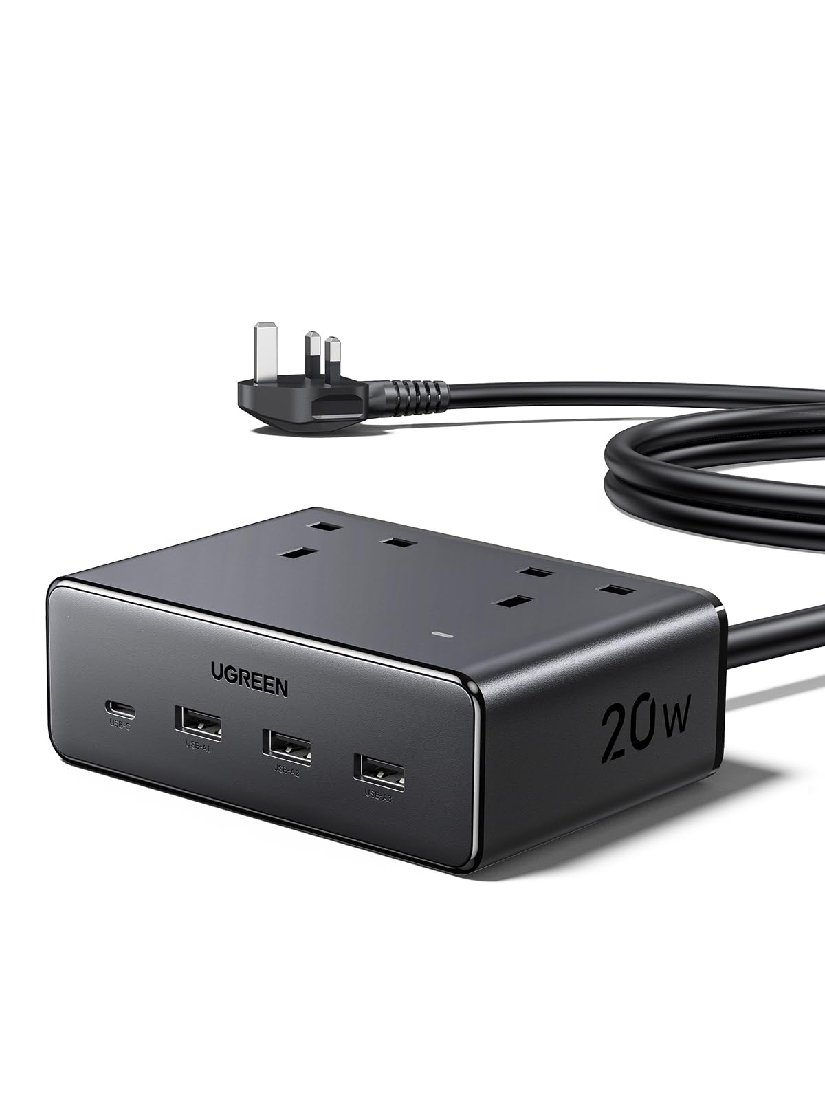 UGREEN Extension Lead with 4 USB Slots, 2 Way 2990W Max Multiple Plug with 1.5m Extension Cable, Compatible with iPhone 17/16/15/14, iPad Pro/Mini, Suitable for Home/Office, Black