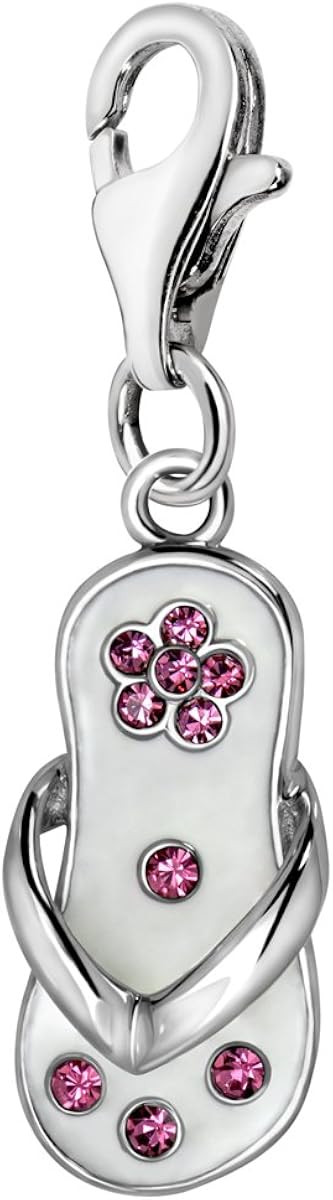Quiges White Enamel Flower Flip Flop Clip On Charm Pendant with Cubic Zirconia Silver Plated Women's Jewellery