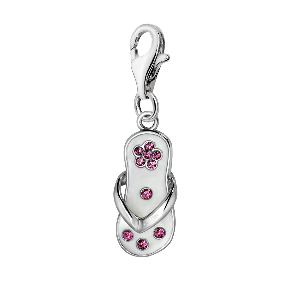 Quiges White Enamel Flower Flip Flop Clip On Charm Pendant with Cubic Zirconia Silver Plated Women's Jewellery