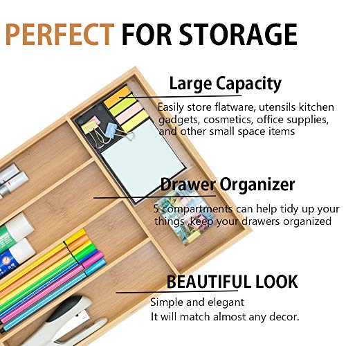 LONTAI Bamboo Kitchen Drawer Organizer Utensil and Cutlery Tray with 5 Compartments Drawer Dividers for Flatware and Kitchen Utensils - Thumbnail 3