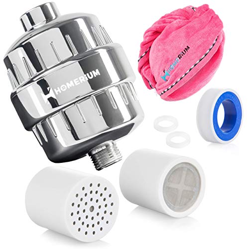 HomeRium 15 Stage Universal Shower Filter & Red Microfiber Hair Towel | Total 2 Replacement Filter Cartridges included | Water Softener For All Shower Head | Shower Filters For Hard Water, Chlorine