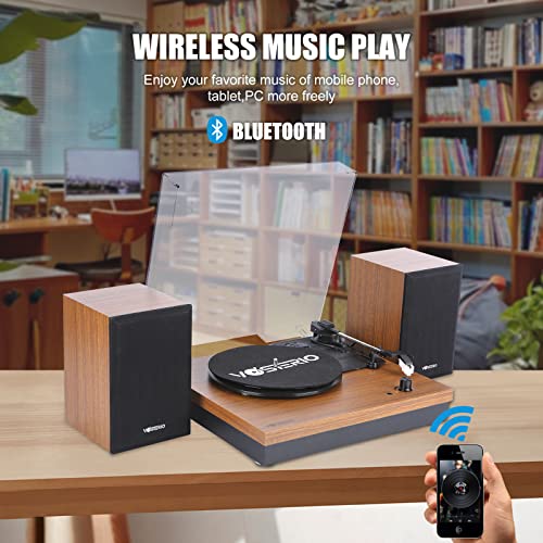 Vosterio Bluetooth Vinyl Turntable with 2 Stereo Speakers, Wood Retro Turntable Turntable, 3 Speeds 33, 45 and 78 RPM, RCA Output, Aux-in