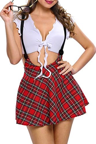 Women's School Girl Costume Outfit Lingerie Student Uniform with Strappy Halter Skirt XS, S, M
