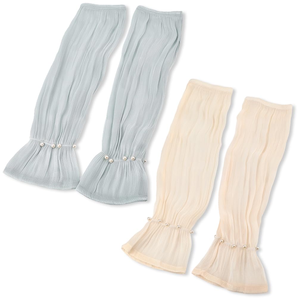 CABODYALS 2 Pairs 2 Colours Pastel Lace Ruffle Arm Sleeves Ruched Ruffle Hem Arm Sun Protection Sleeve Bridal Extra Long Tulle Sheer Pearl Fingerless Mesh Gloves for Women Costume Festival Dress Decor