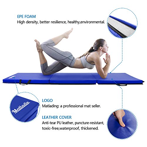 Matladin 6' Folding Tri-fold Gymnastics Gym Exercise Aerobics Mat, 6ft x 2ft x 2in PU Leather Tumbling Mats for Stretching Yoga Cheerleading Martial Arts (Blue) - Thumbnail 3