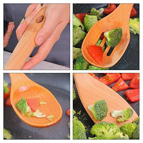 EVQ Kitchen Wooden Cooking Utensil Sets, Wooden Spoon,Slotted Spoon,Turner, Non Scratch Natural Beechwood （3 Piece）