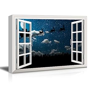 Window Frame Style Canvas Wall Art - Santa Claus and The Flying Sledge in The Night Sky - Giclee Print Gallery Wrap Modern Home Art Ready to Hang - 12x18 inches