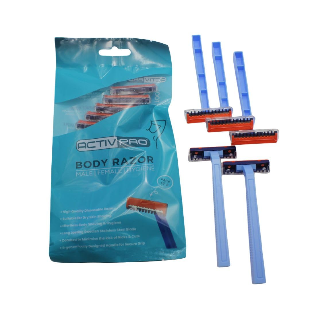 ACTIVPRO Body Razors | Combed Head to Prevent Cuts | Gentle on Skin | Underarms | Bikini | Sensitive | Stainless Steel Blade | Grooming Blades for Men Women | Disposable (5pcs)
