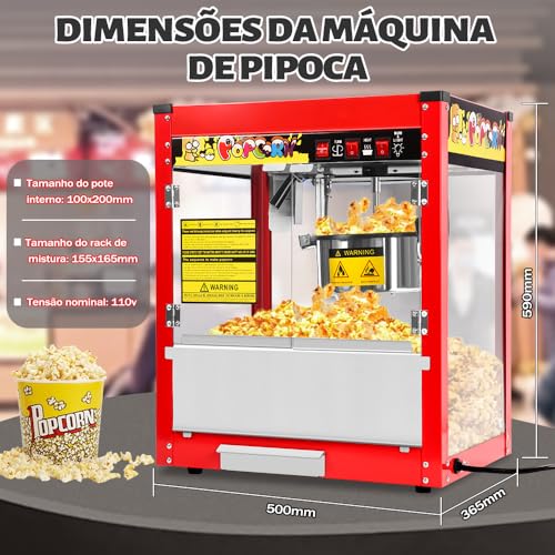 Máquina de Pipoca, 8oz Pipoqueira Eletrica 110v, 1400w, Pipoqueira Inox, Vermelho, Capacidade Extra Grande, Comporta Até 13 Xícaras de Pipoca de 32 oz