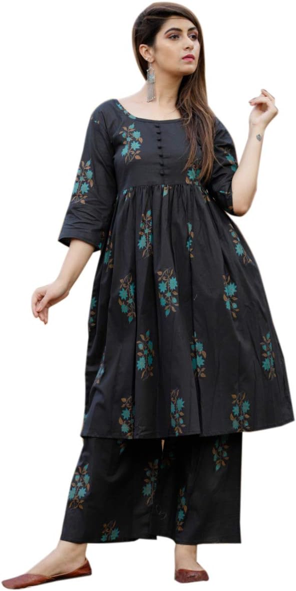 Vashishtha Women's Cotton Kurti with Palazzo Pant Set (Black)