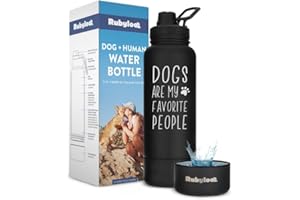 rubyloo Dog Water Bottle for Dog Lovers - 32 oz Stainless Steel Double Wall Insulated Water Bottle with 8 oz Attached Dog Bowl - Best Dog Mom Gifts for Women - “Dogs Are My Favorite People” - Black