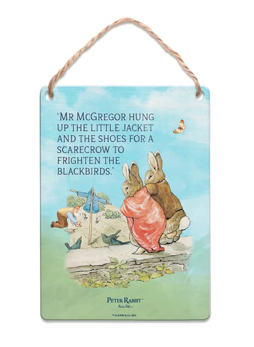 Metal Dangler Sign (65 x 90 mm) - Beatrix Potter - Flopsy and Benjamin Bunny - Mr McGregor hung up the little jacket — image 1