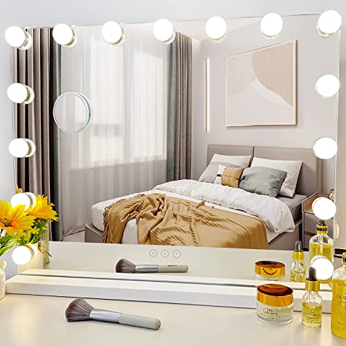 Kotdning Large Vanity Mirror with Lights, Hollywood Lighted Makeup Mirror with 15 Dimmable LED Bulbs for Dressing Room & Bedroom, Lighted Makeup Mirror with Detachable 10x Magnification