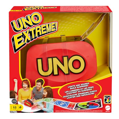 UNO Extreme, UNO Kartenspiel für die Familie, mit Kartenwerfer, Reisespiel oder Spiel für Erwachsene, für 2-10 Spieler, ab 7 Jahren, GXY75