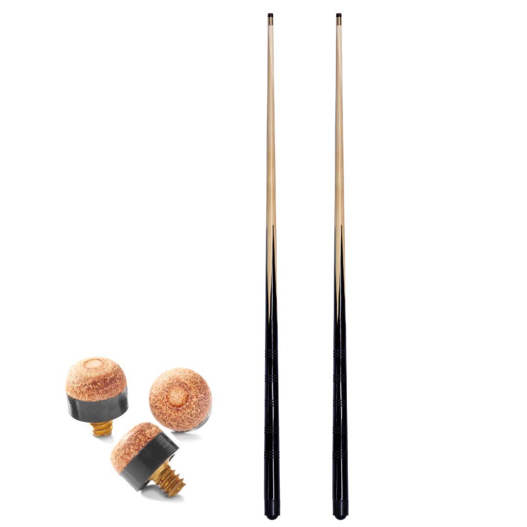 2 x 36 inch pool / snooker cues + 8 tips; ideal 1st cue for child or for tight spots around home tables